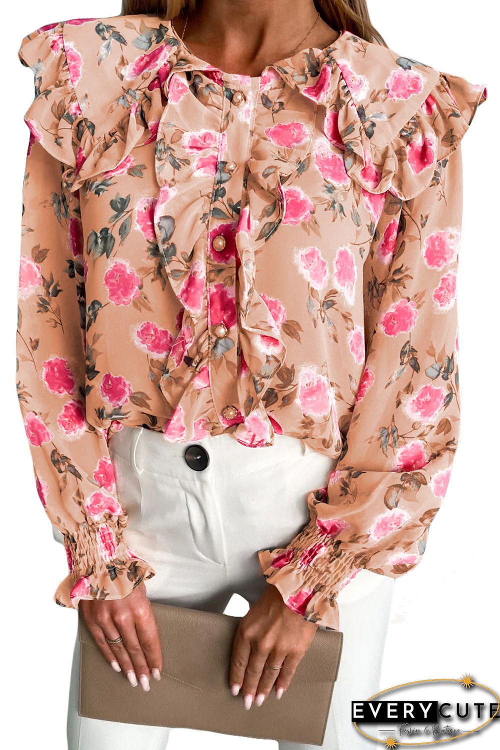 Pink Floral Cape Ruffles Elastic Wrist Shirt