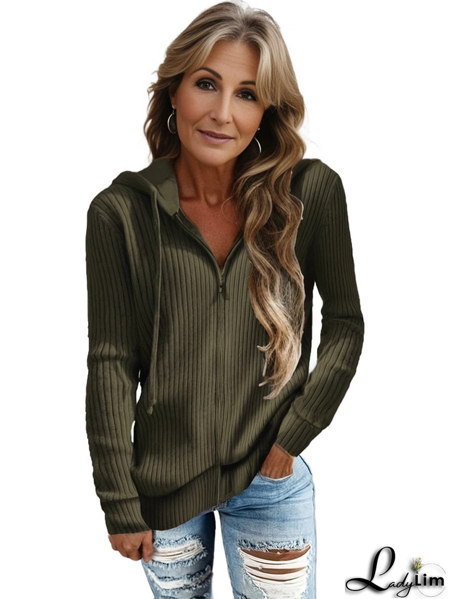 Plus Size Casual Coat, Women's Plus Solid Ribbed Zip Up Long Sleeve Drawstring Hoodie Sweater