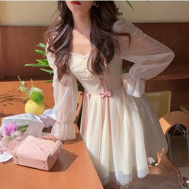 Cifeeo 2023 Vintage Lolita Dress Casual Bow Long Sleeve Lace Mini Dress Party Elegant One Piece Dress Korean Kawaii Clothing