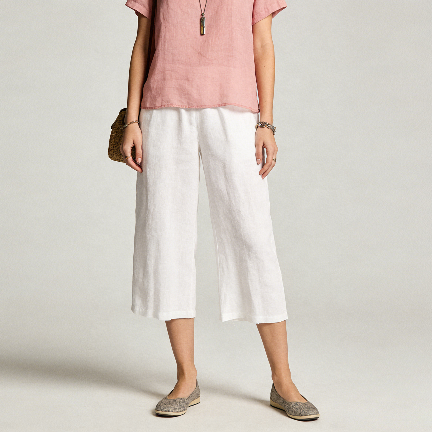 Women's Linen Capri Pants with Elastic Waist REAL SILK LIFE