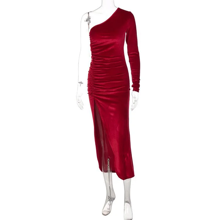Promsstyle Single shoulder slit velvet party dress Prom Dress 2023