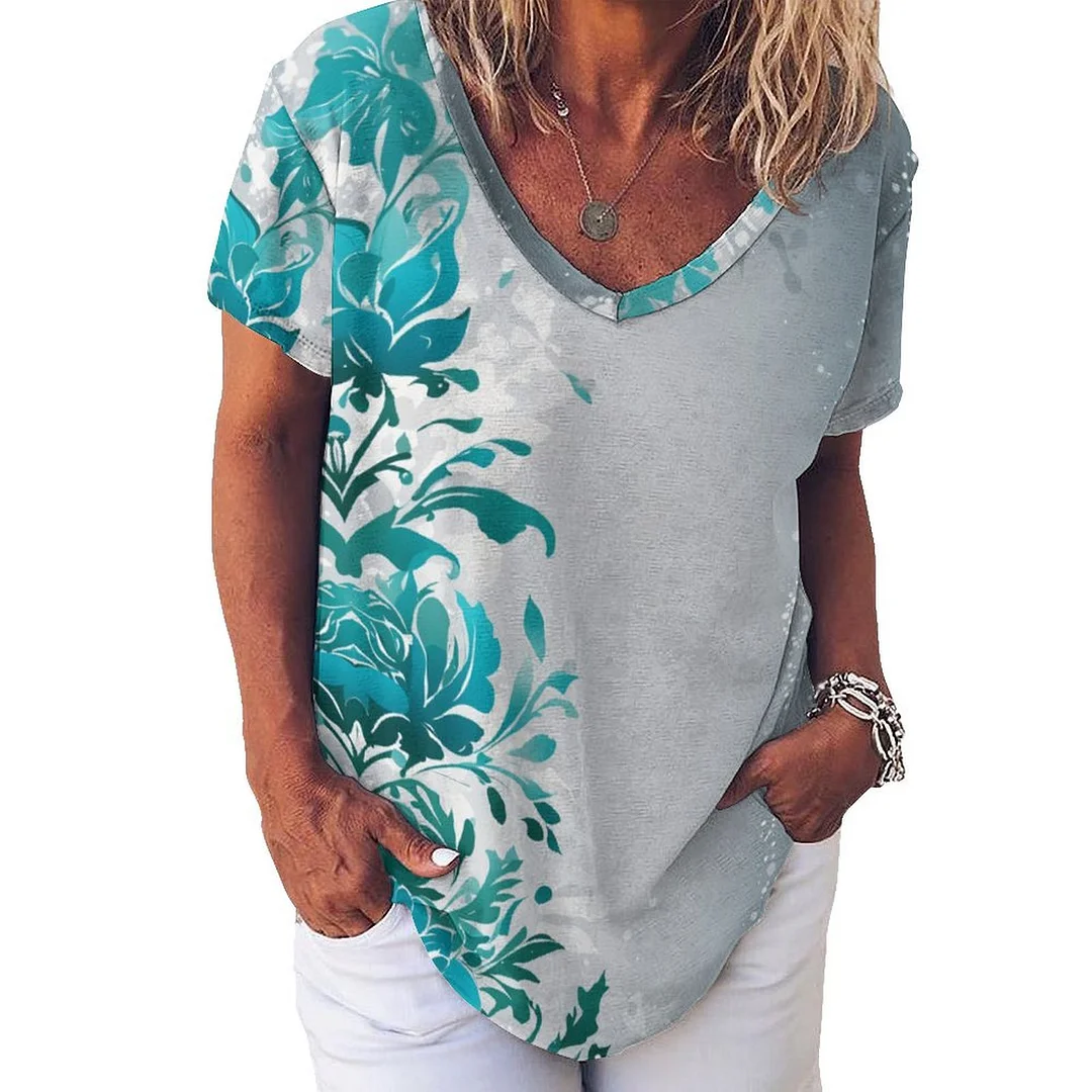 V-neck Short Sleeve Casual T-shirt for  Women Printed with Pattern Turquoise, Floral, Green