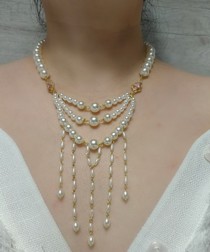 Boho Pearl Necklace Gray Copper Overgild With Gypsophile Graduated Beads 18 Inches main image 1