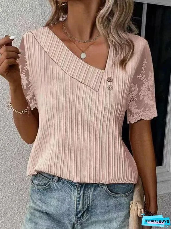 Slant Collar Solid Color Lace Sleeves Short Sleeve T-shirt
