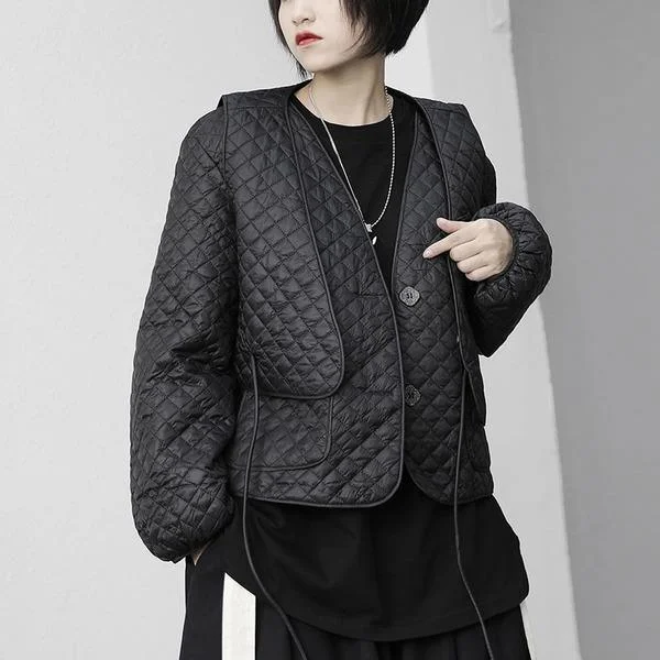 Vintage Argyle Casual Parkas Women Winter Tide Fashion New Style V Neck Collar Long Sleeve Pocket Single Breasted