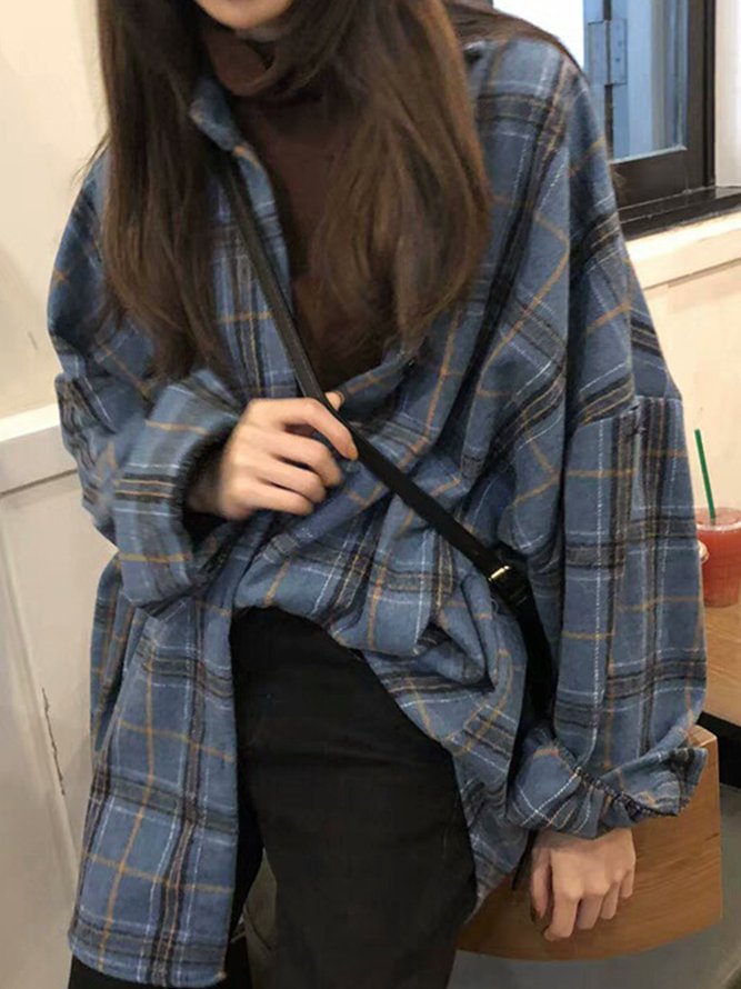 Plus Size Plaid Long Sleeve Casual Shirts Tops