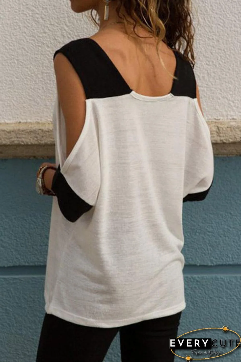 Mixed Color V Neck Half Sleeve Off The Shoulder Top