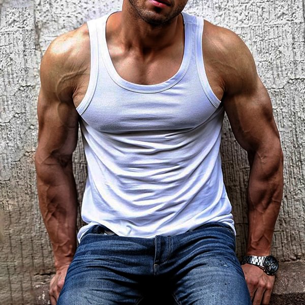Men's Cotton Breathable Basic Solid Color Casual Tank Top、、URBENIE