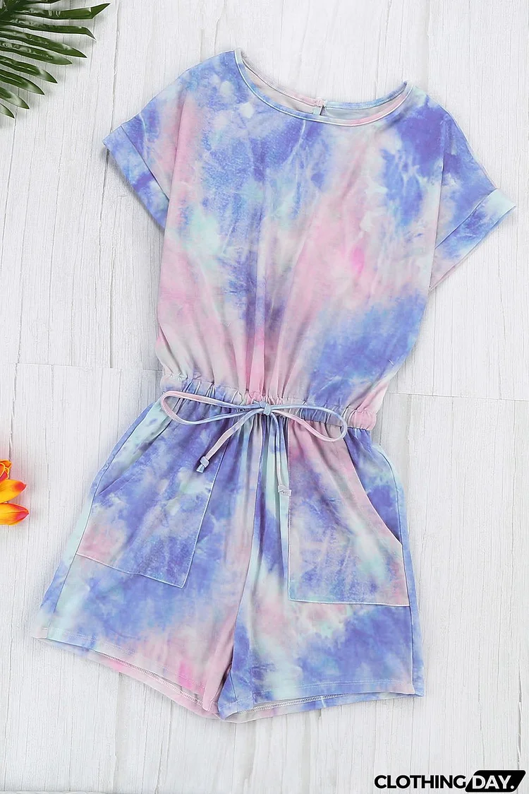 Multicolor Pocketed Tie Dye Short Sleeve Knit Romper