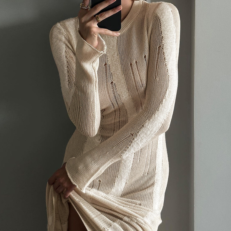 Ootddress Knitwear Hollow Out Solid Maxi Dress For Women See-Through High Waist Loose Knit Autumn Dress Fashion Elegant Party Dress