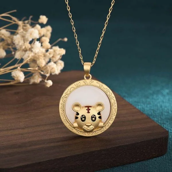 White Jade Year of the Tiger Blessing Pendant Necklace