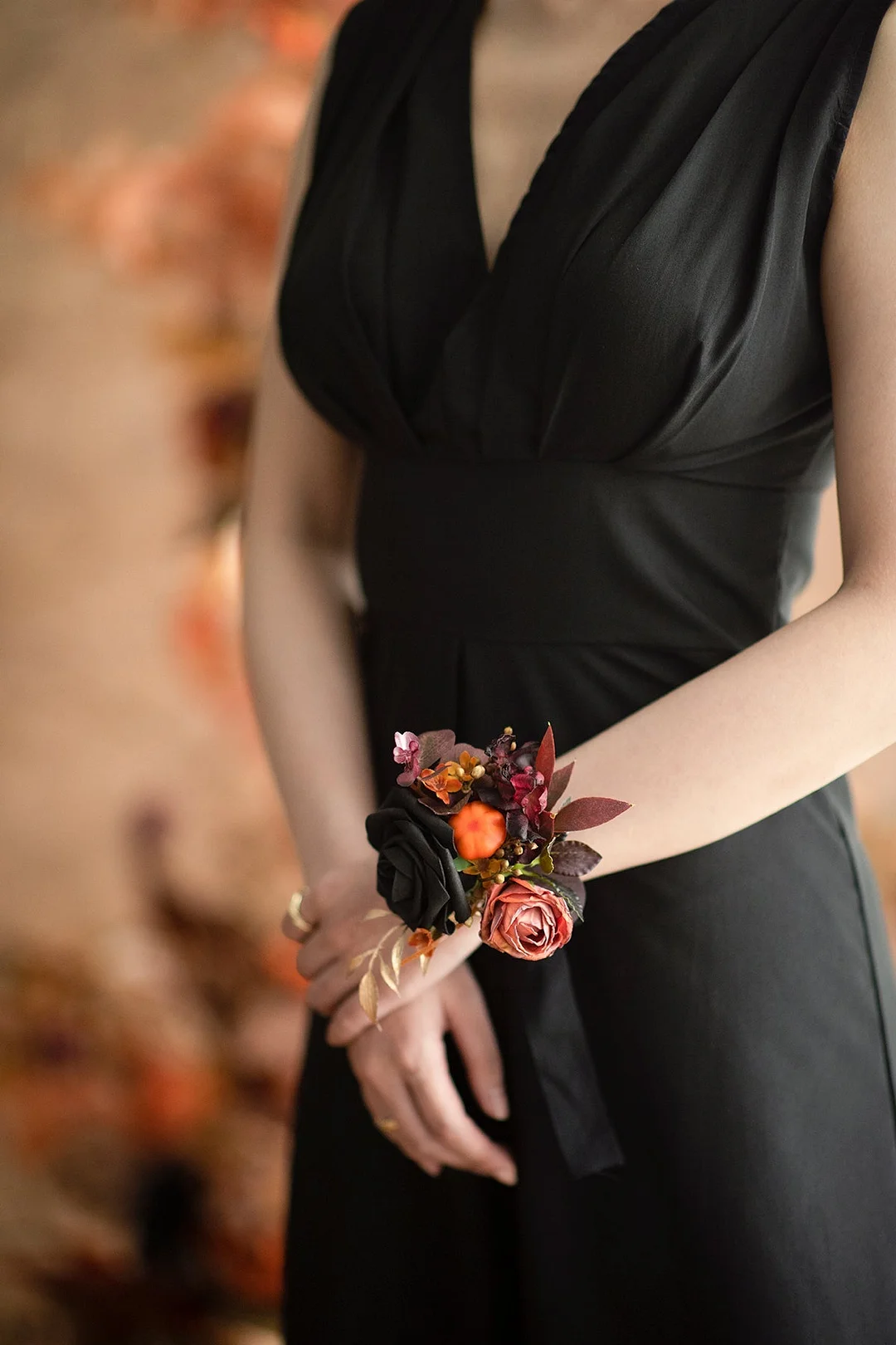 DIY Wedding Wrist Corsage in Black & Pumpkin Orange