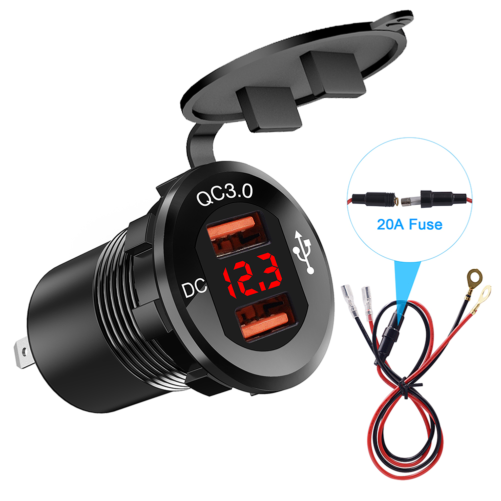 

Car Motorcycle Dual QC3.0 USB Charger Socket with Digital Voltmeter + Wires, 501 Original