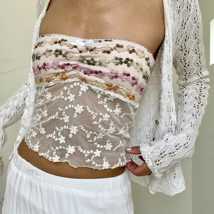 Women's Floral Embroidery Stitching Lace Crop-top