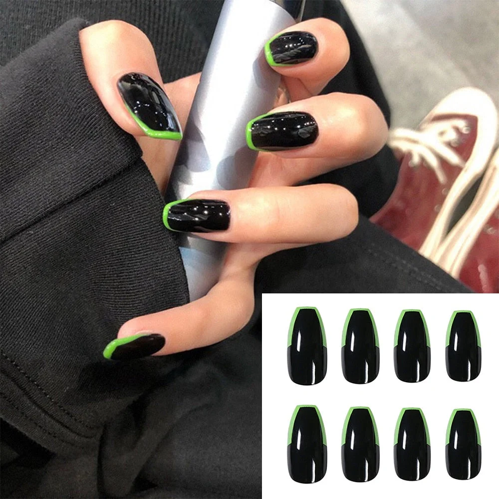 24pcs Detachable False Nails French with Black Line Fake Nails Full Cover Nail Art Tips Press on Nails with Glue Manicure Tools 515-Nail Inspo