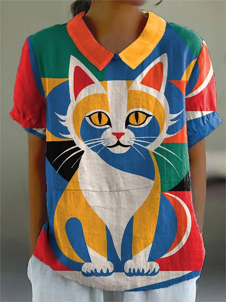 Geometric Cat Art Printed Women's Casual Cotton And Linen Shirt
