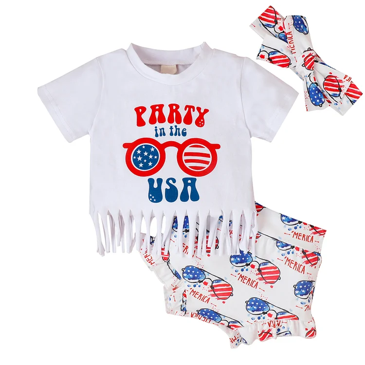 Baby Girls Print T Shirt+Shorts 3 Piece Lovely Infant Suits For Toddler Clothing