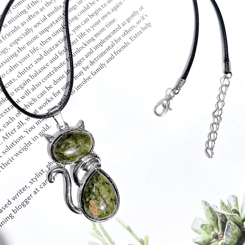 1 Piece 25*45MM Alloy Natural Stone Crystal Cat Pendant