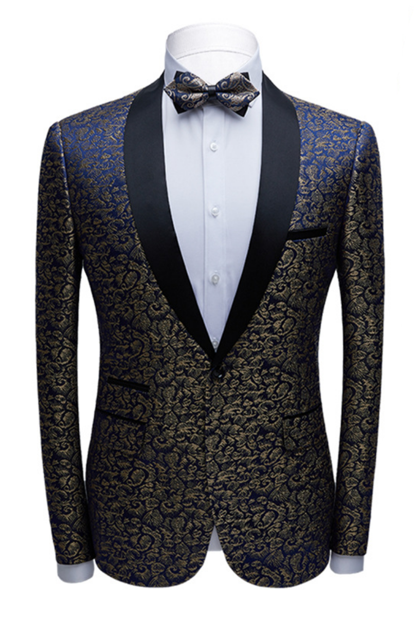 Chic Black Tuxedo Jacquard Wedding Suit With Shawl Lapel