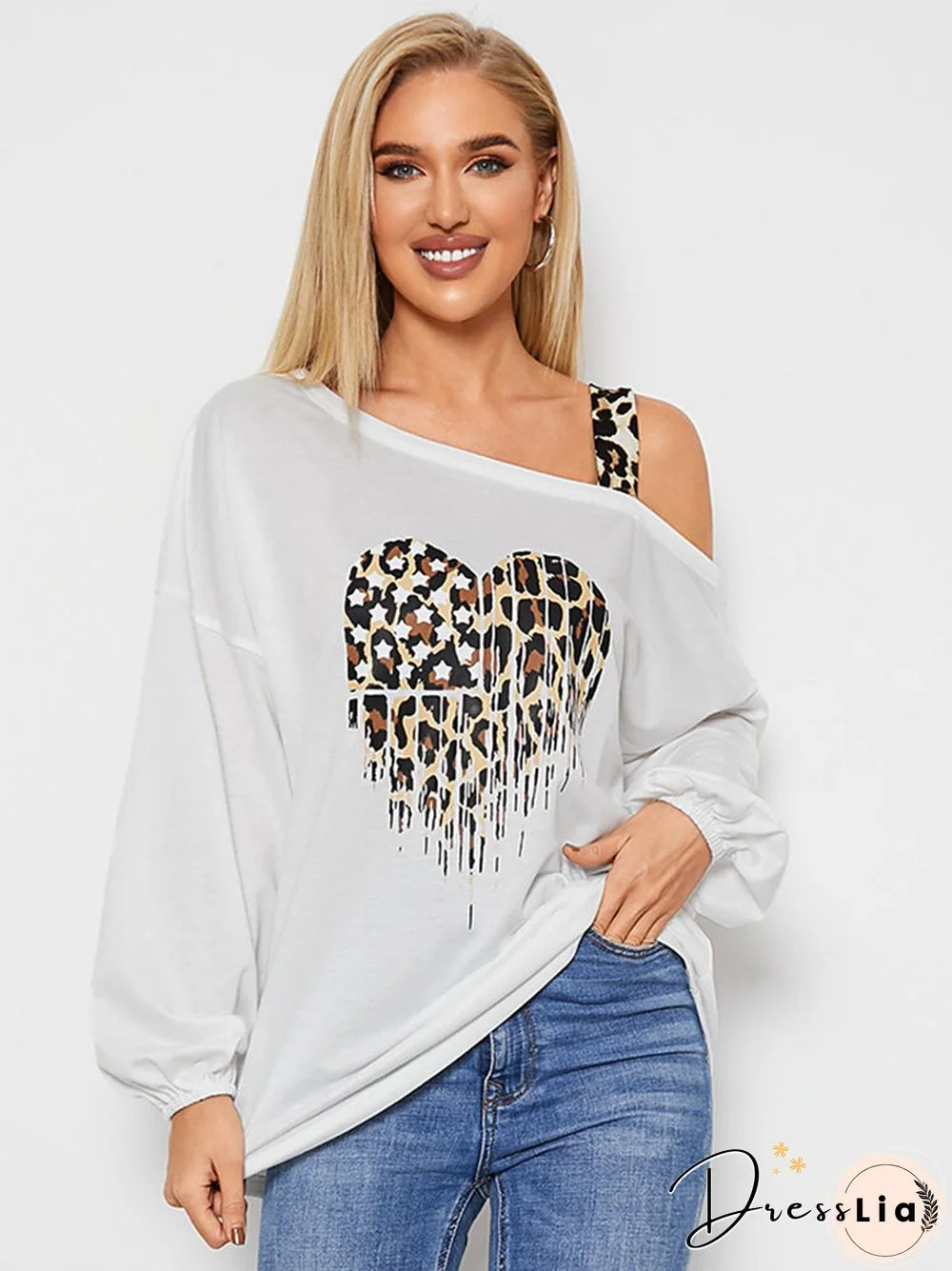 Leopard Heart Print Off Shoulder Long Sleeve Casual Sweatshirts