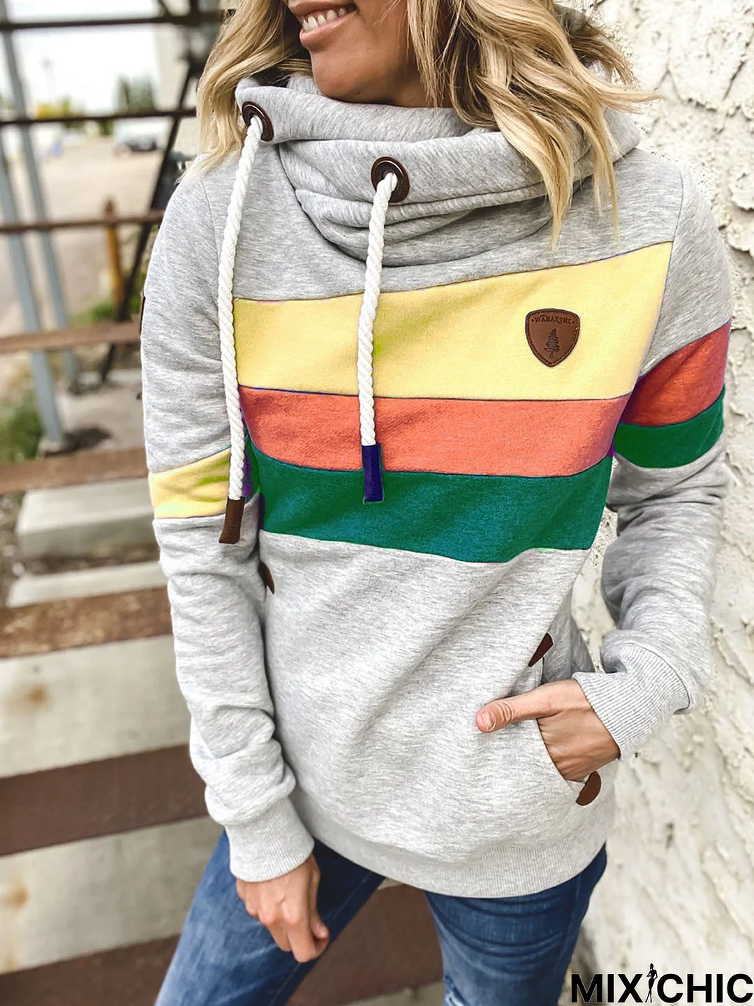 Light Gray Cotton-Blend Casual Patchwork Color-Block Sweatshirt