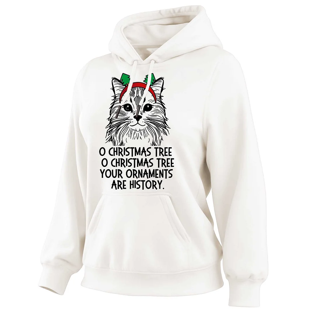 Women's Vintage Cat Christmas Print Pocket Long-Sleeve Apricot Hoodie