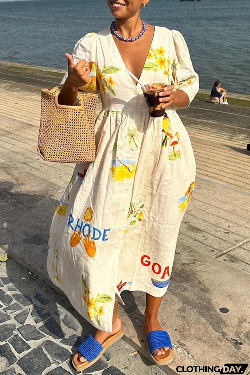 Casual Character Print Buttons V Neck A Line Dresses