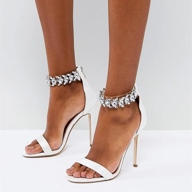 White Satin Bridal Heels Stilettos Rhinestone Ankle Strap Sandals |FSJ Shoes