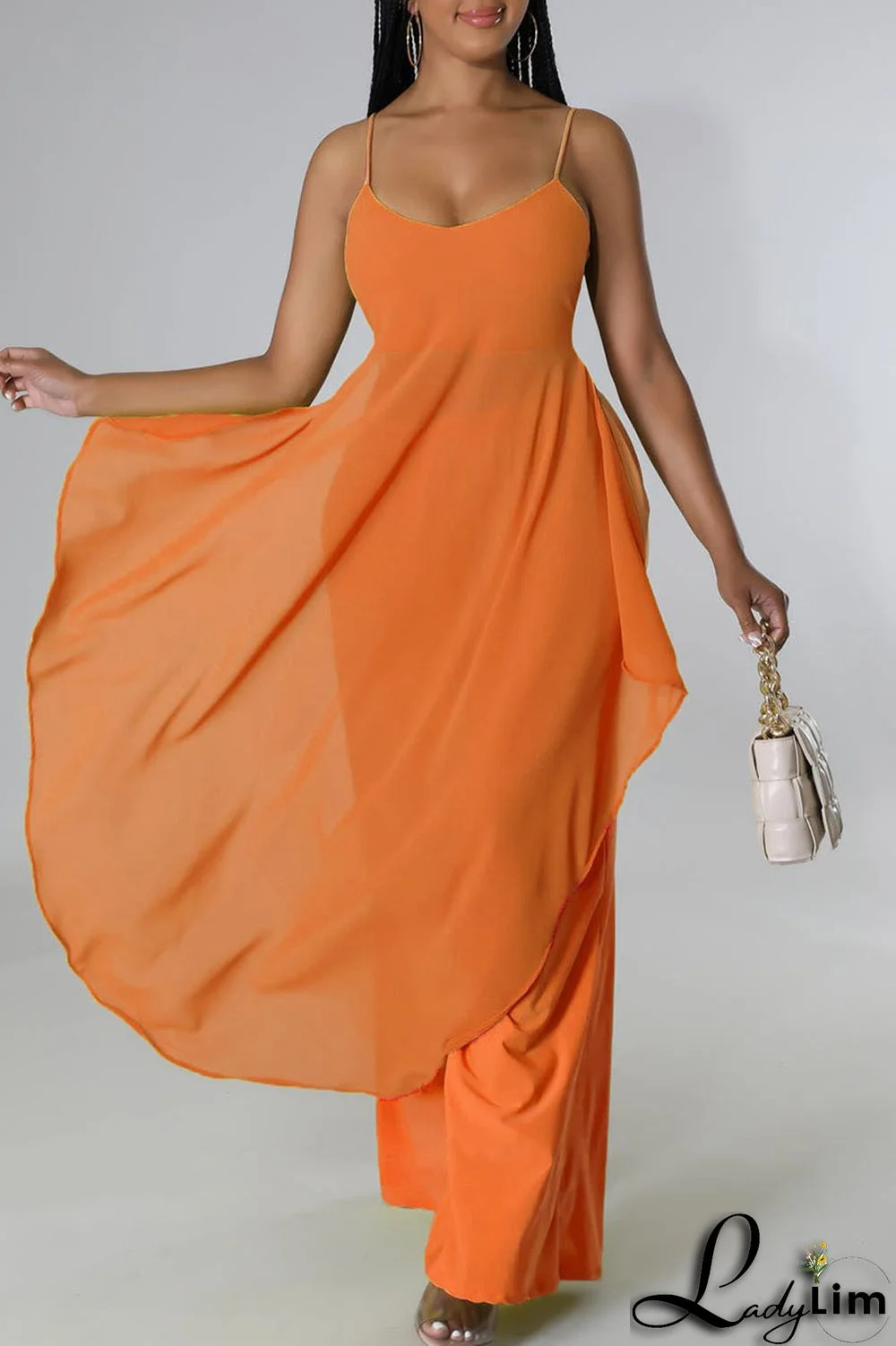 Tangerine Casual Solid Split Joint Asymmetrical Spaghetti Strap Sleeveless Two Pieces