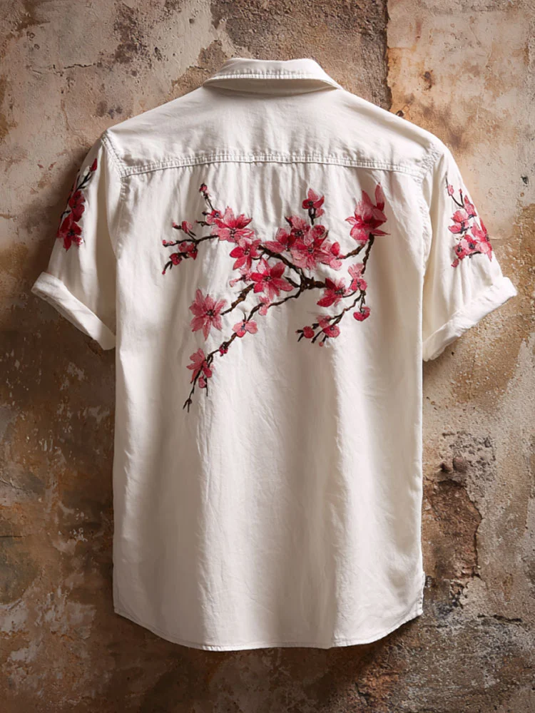 Women's Japanese Art Pink Awareness Floral Embroidery Printed Shirt