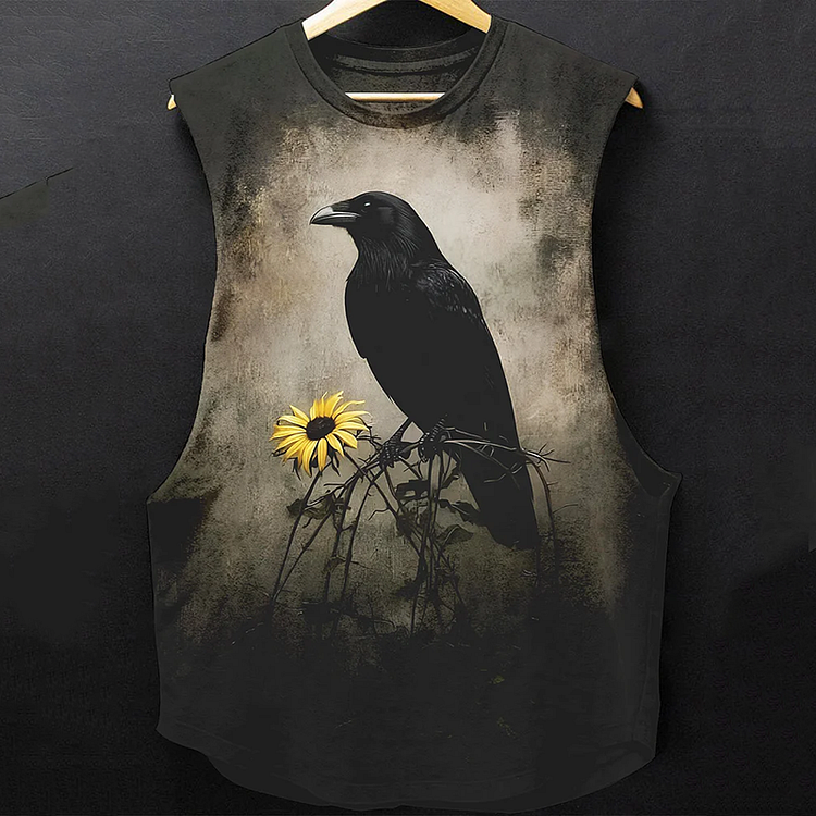 Vintage Viking Raven And Flower Print Washed Gym Vest