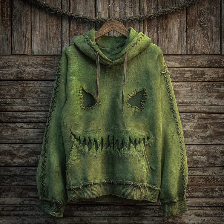 Halloween Spooky Monster Face Stitched Washed Hoodie
