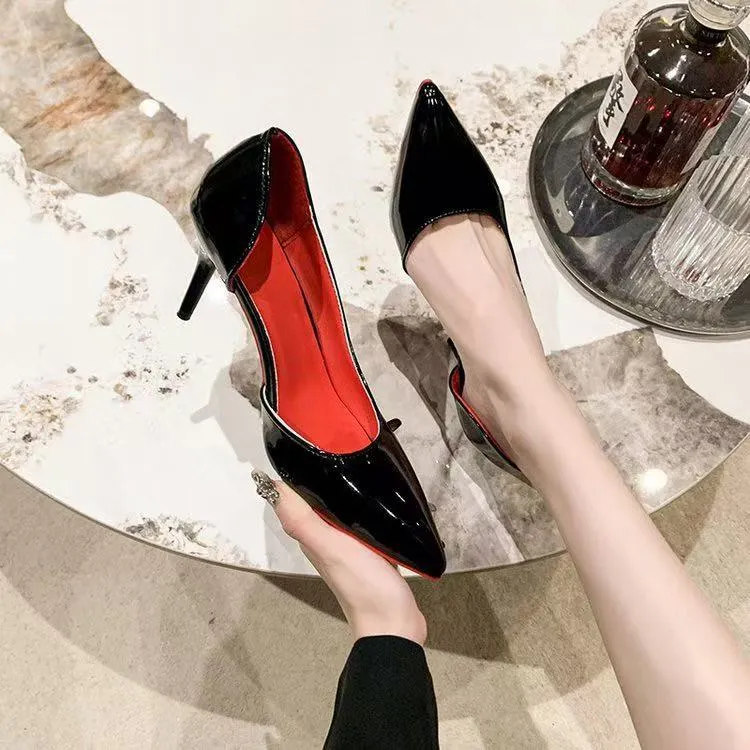 Breakj Breakj Red-Soled Black High-Heeled Women 2025 New Sexy Temperament Nightclub Fine-Heeled Leather Shallow Single Shoes