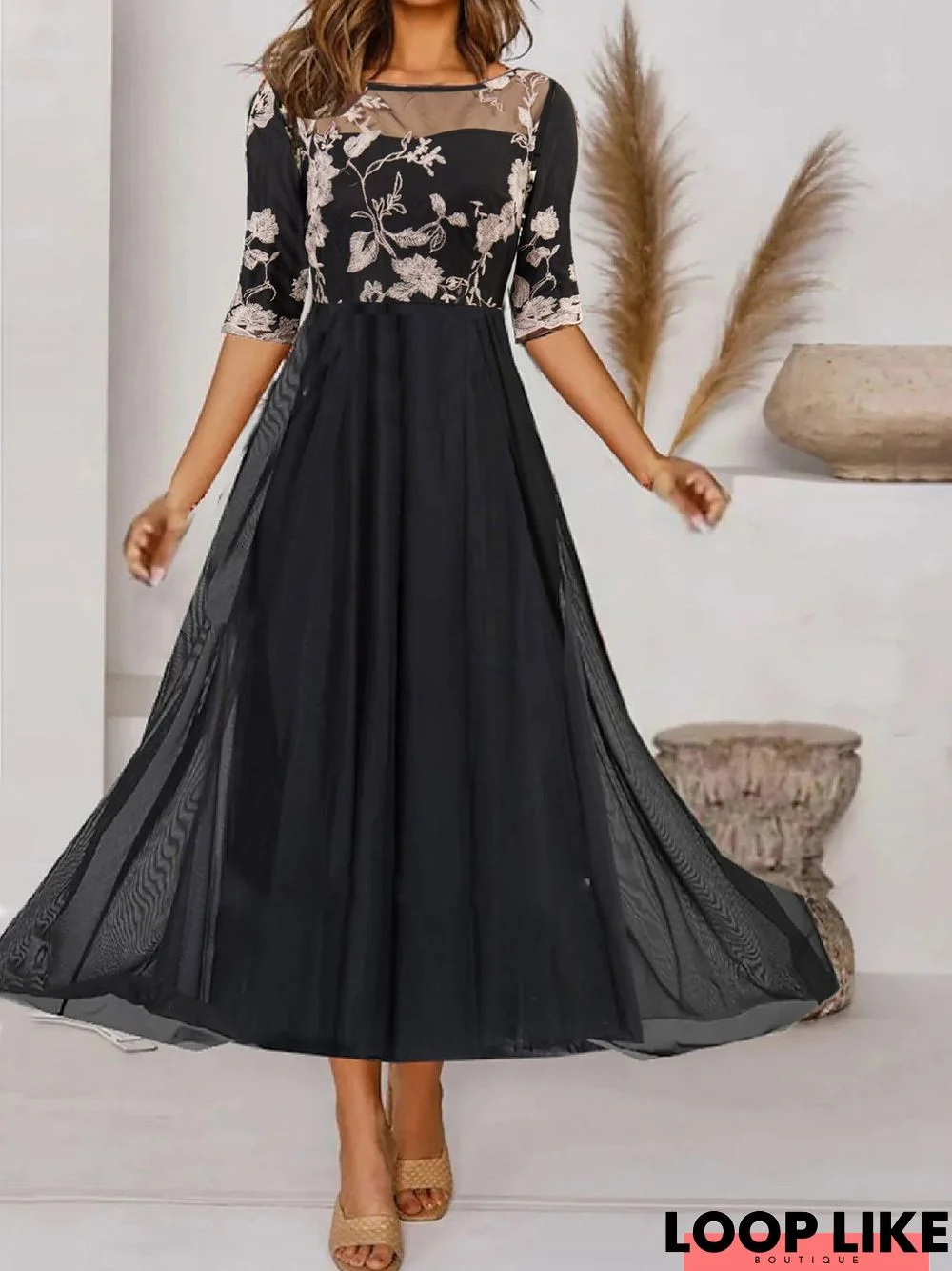 Women A Line Dress Midi Dress Black Half Sleeve Elegant Floral Lace Crew Neck Modern Mature Occasion Dress