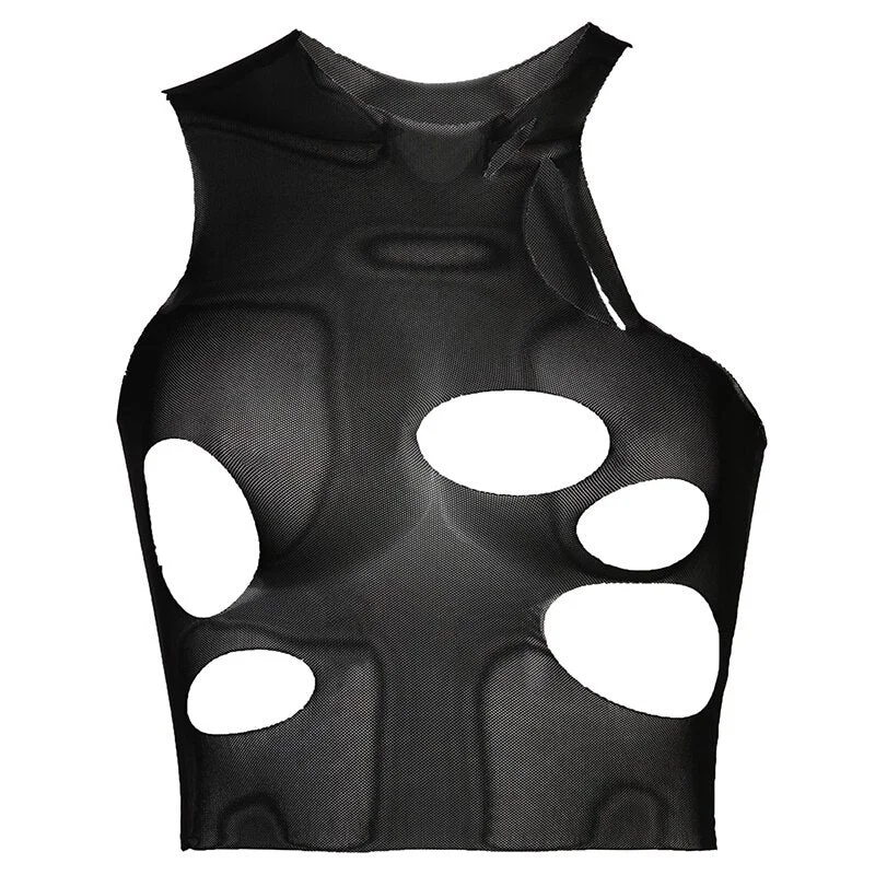 Sweetown Irregular Cut Out Sexy Mesh Tank Top Female Sleeveless See Through Rave Club Outfits Off Shoulder Black Streetwear Vest
