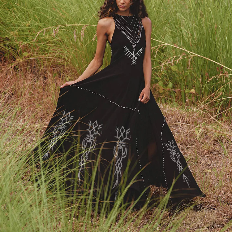Tribal Ethnic Bird Bones Graphics Cotton And Linen Maxi Dress