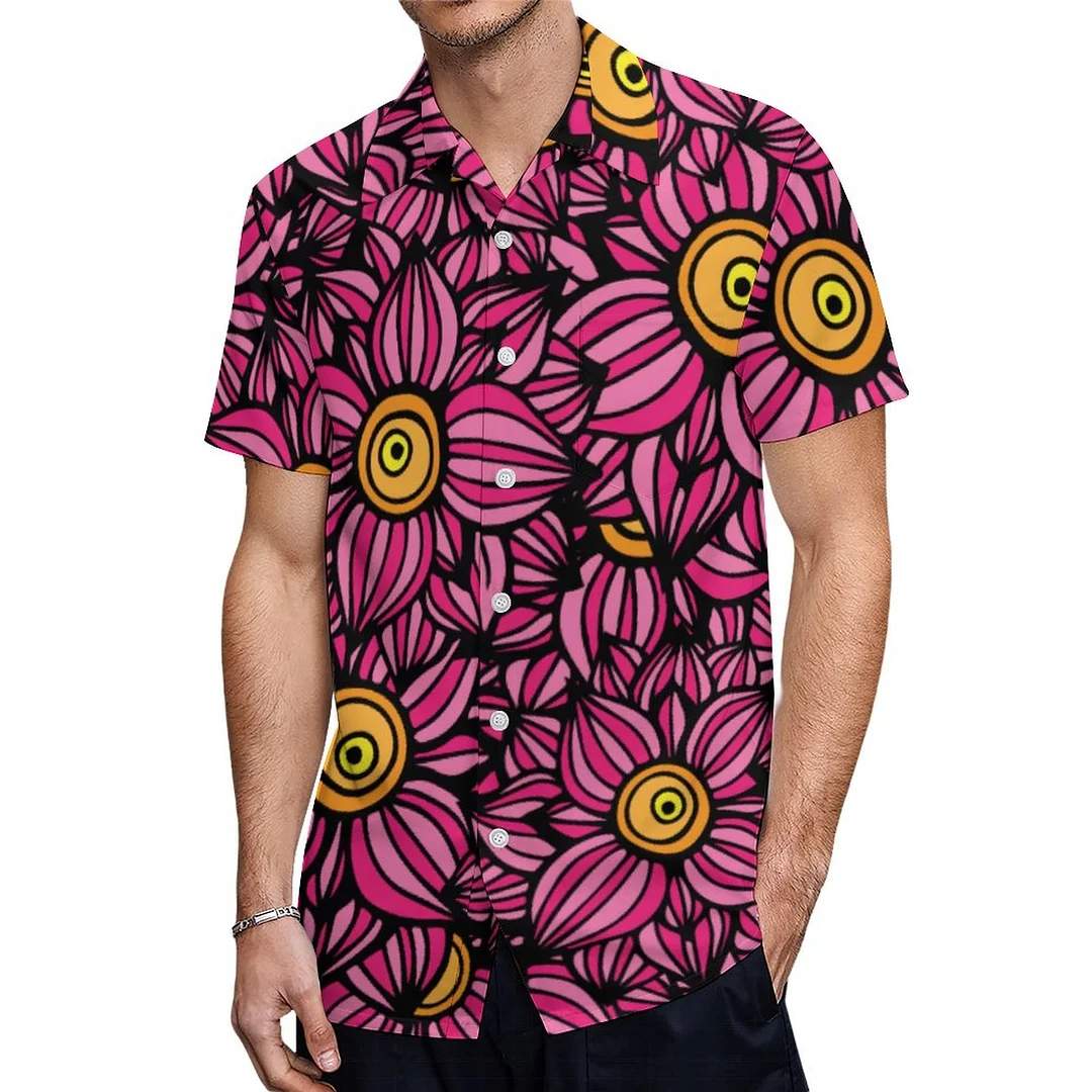 Girly Pink Doodle Cartoon Flowers Hawaiian Shirt Mens Button Down Plus Size Tropical Hawaii Beach Shirts