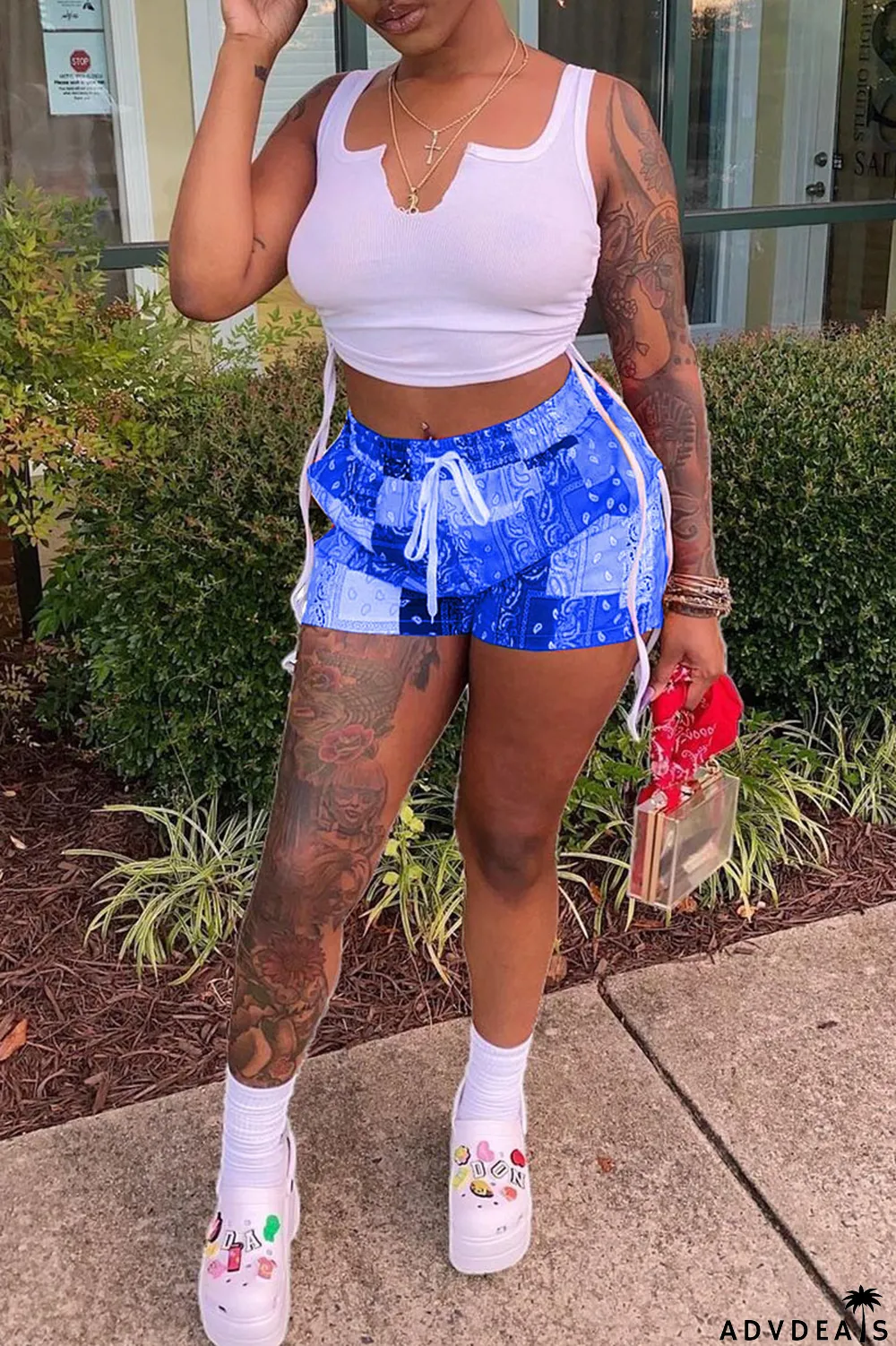 Grey Sexy Print Ripped Contrast Spaghetti Strap Sleeveless Two Pieces