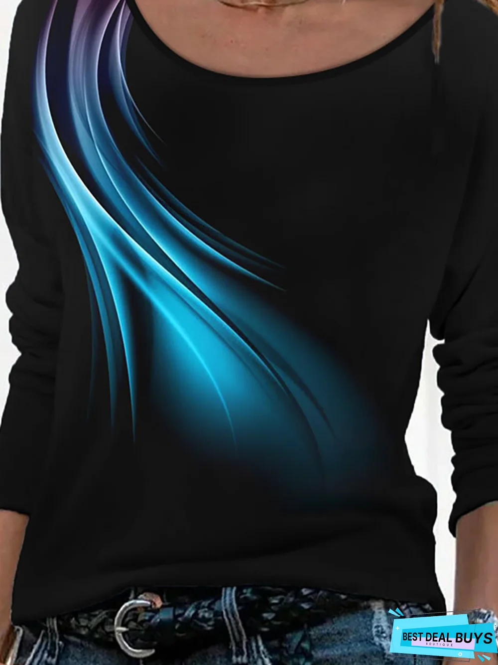 Casual Abstract Autumn Micro-Elasticity Jersey Long sleeve Crew Neck Regular H-Line T-shirt for Women