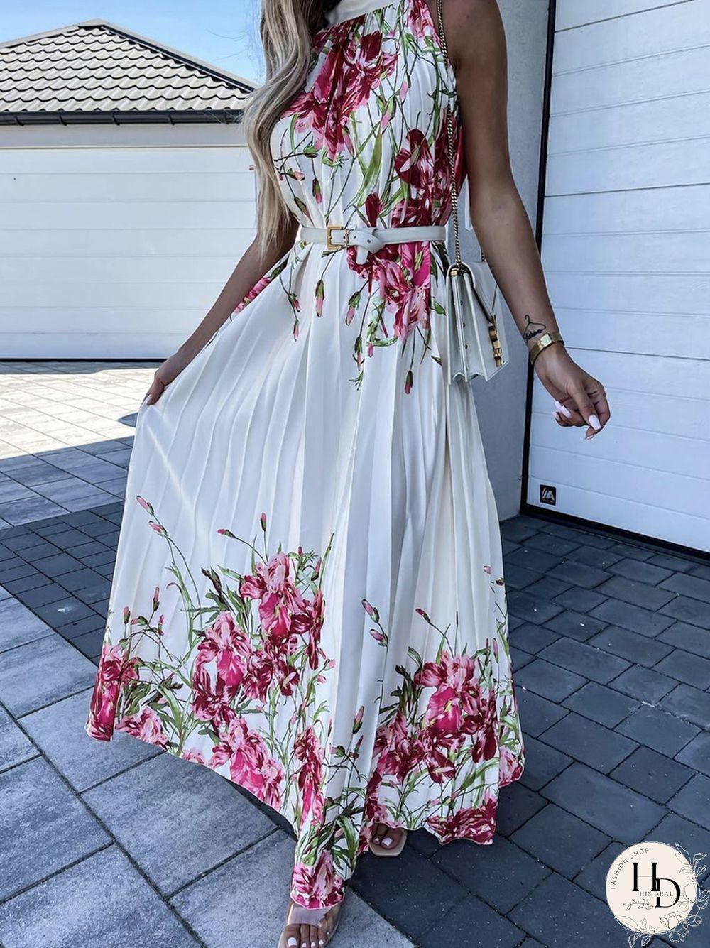 Female Trend Printed Pattern Boho Dress Fashion Sleeveless Hem Party Dress Sexy Halter Neck Off Shoulder Long Pleated Dress