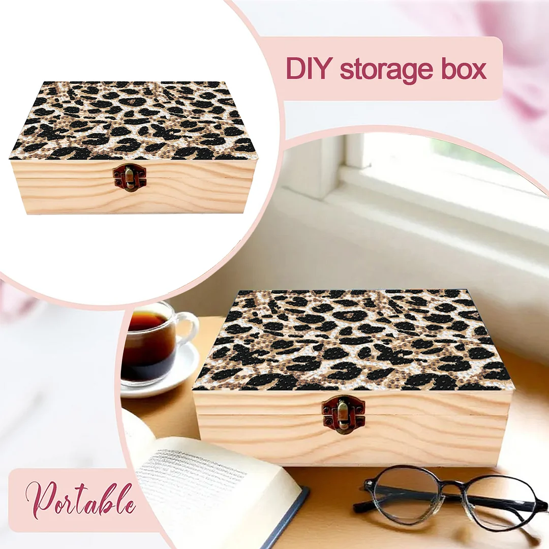 5D DIY Diamond Painting Handmade Wood Storage Box for Home Decor (Leopard Print)