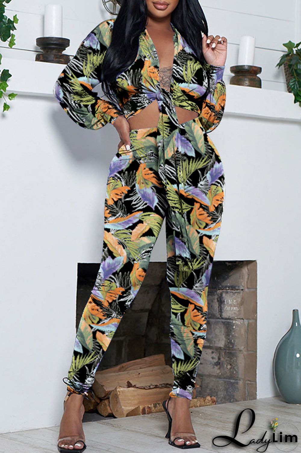 Green Casual Print Frenulum V Neck Long Sleeve Two Pieces