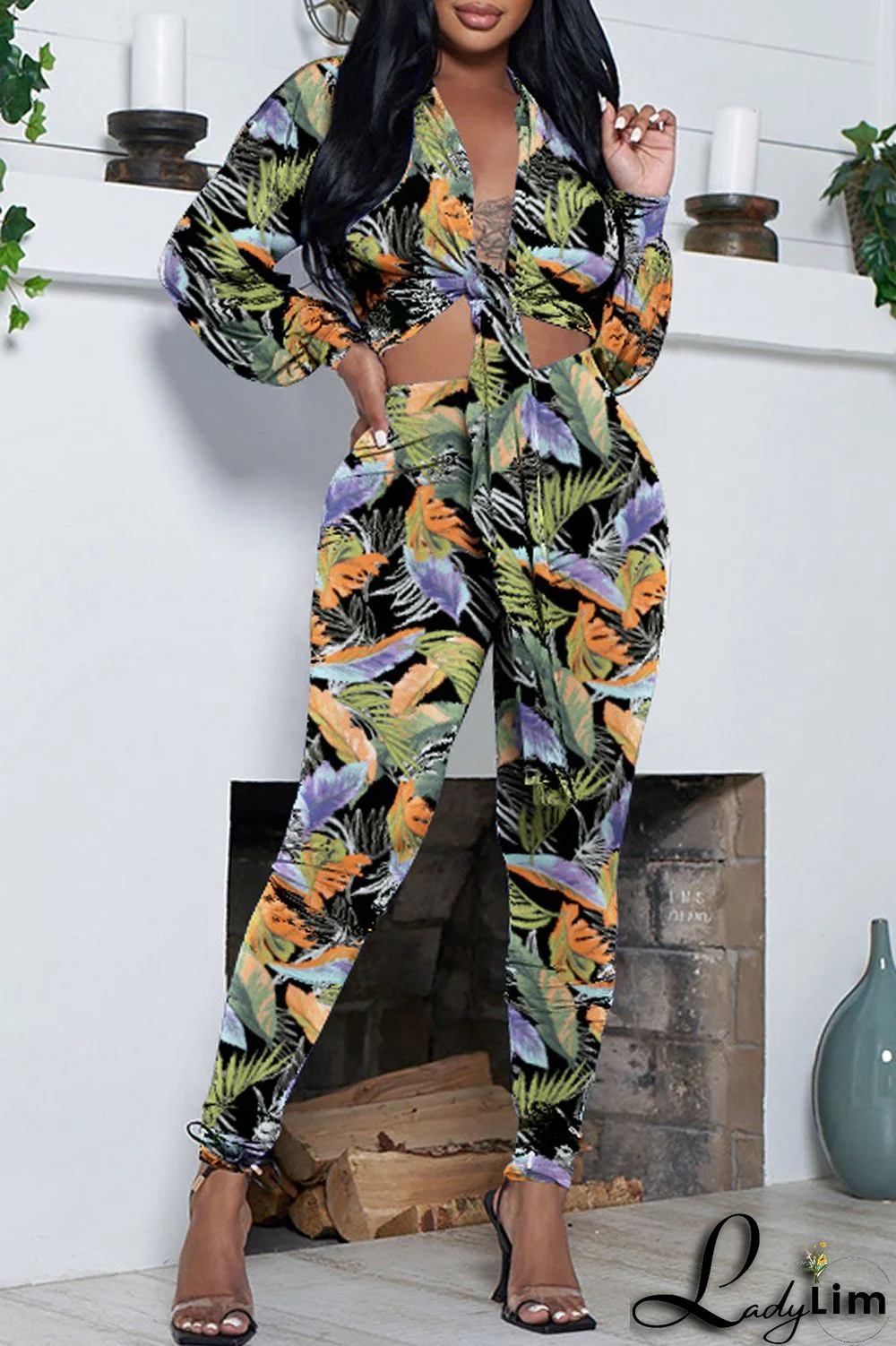 Green Casual Print Frenulum V Neck Long Sleeve Two Pieces