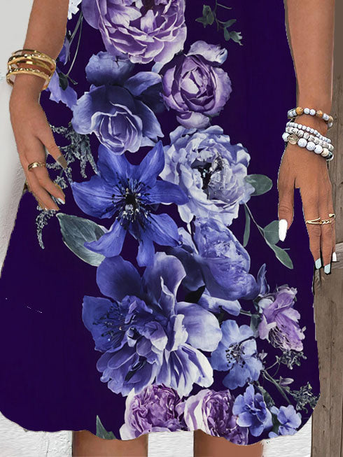 (PRE ORDER)Women's Short Sleeve V-neck Floral Printed Lace Stitching Midi Dress