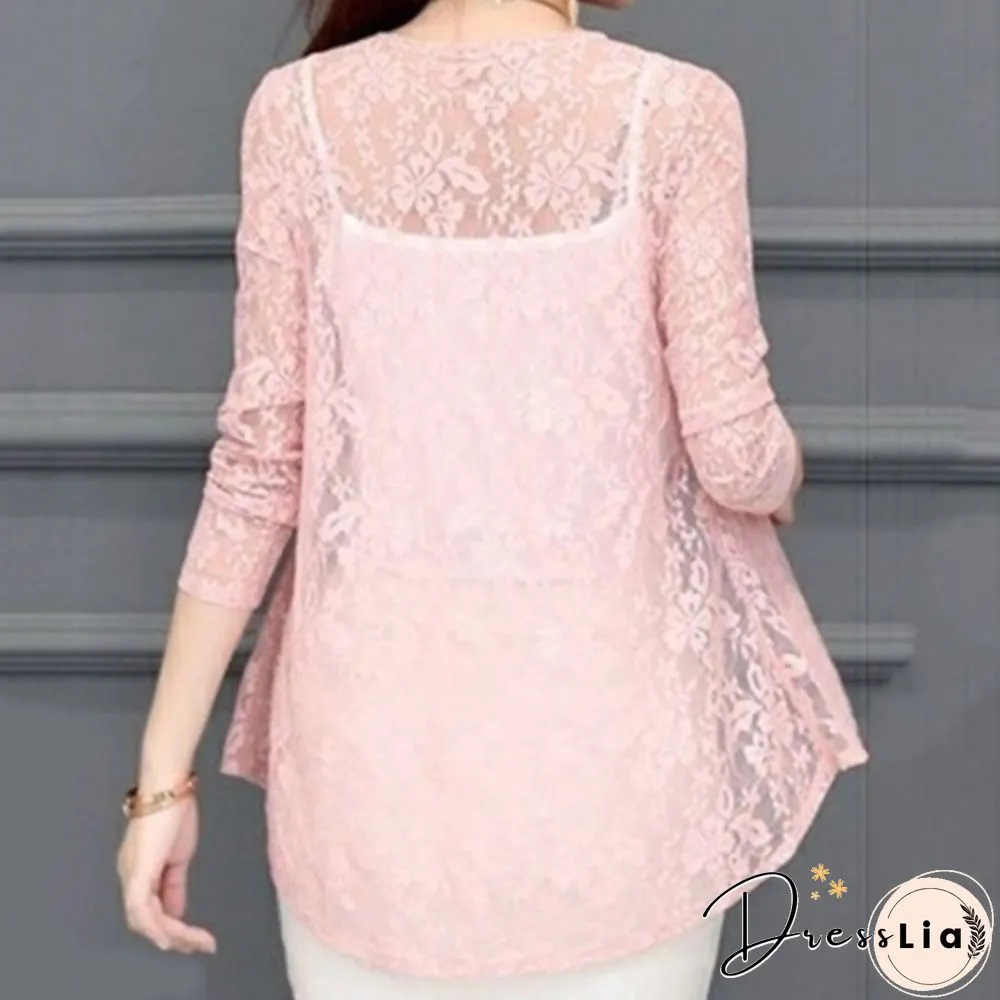 Womens Fashion Lace Cardigans Long Sleeves Solid Color Slim Fit Coat Casual Trench Outwear