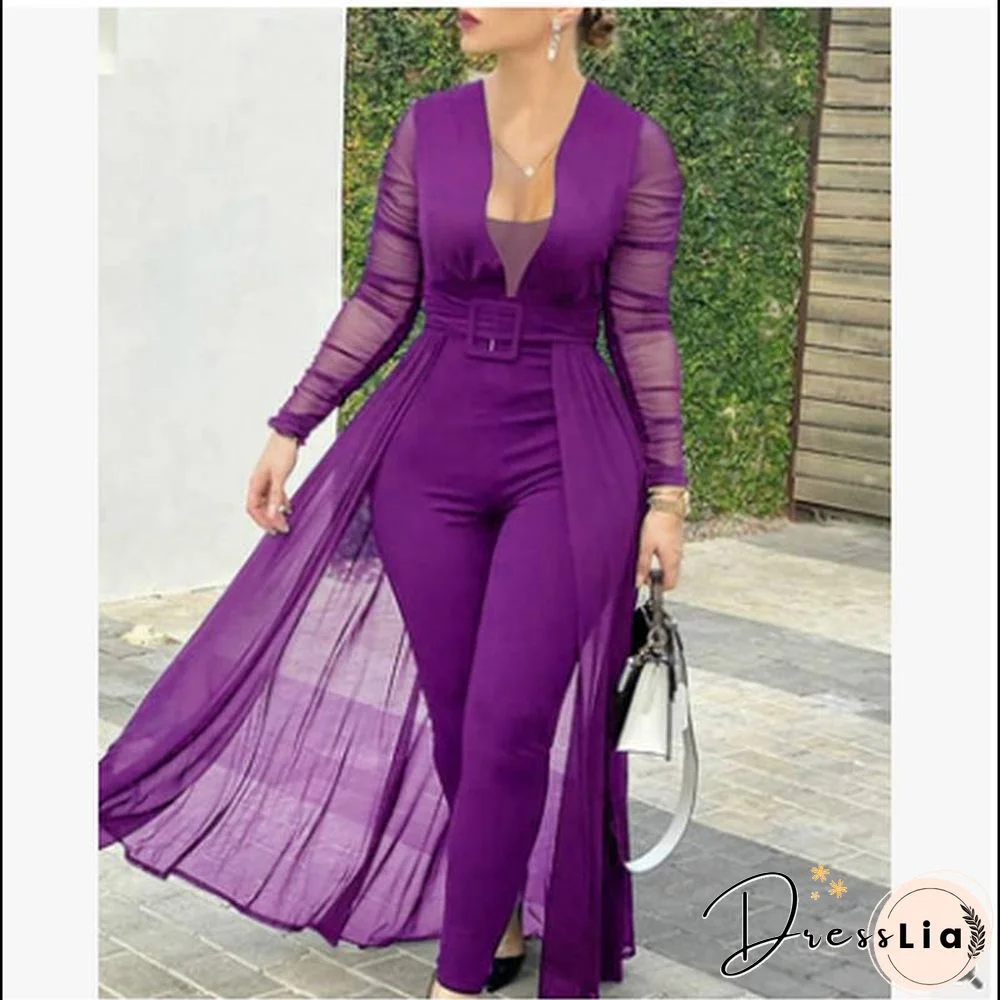 Jumpsuit Women Long Sleeve Elegant Women Jumpsuit Deep V Neck Off Shoulder Mesh Jumpsuit Long Sleeve Lace Slim Stitching Suit