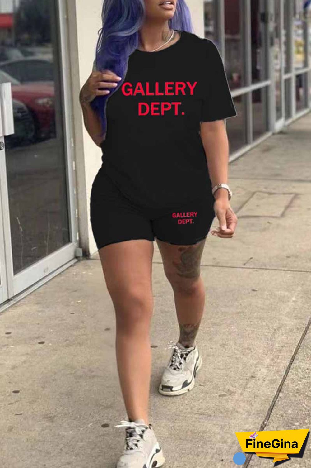 Purple Casual Print Letter O Neck Short Sleeve Two Pieces