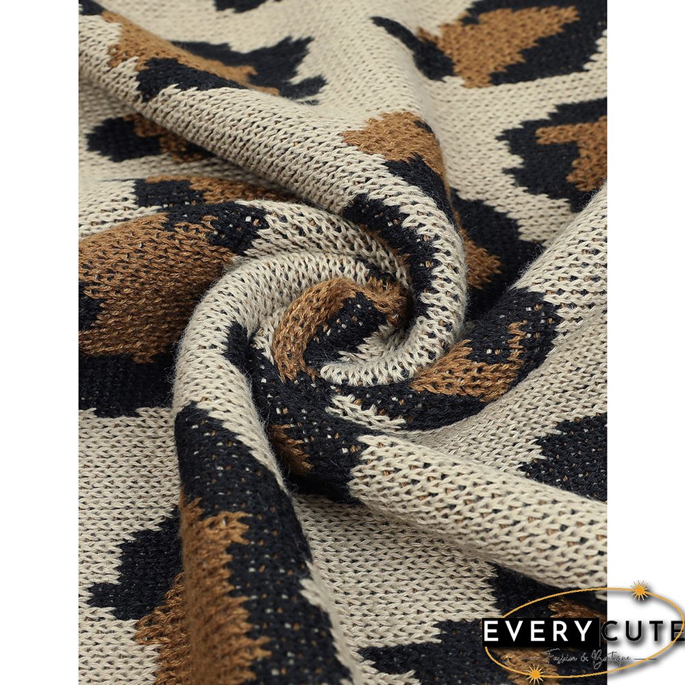 Khaki Contrast Leopard Print Pocket Open Front Cardigan