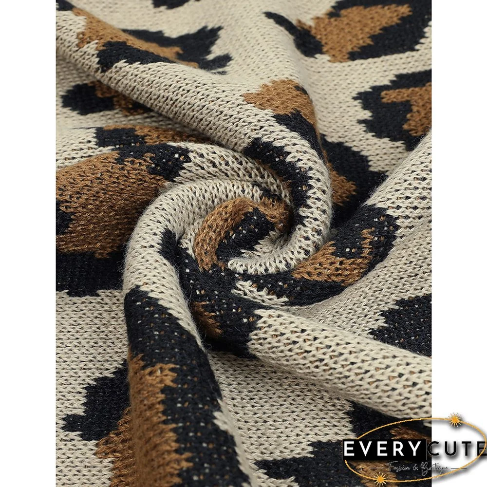 Khaki Contrast Leopard Print Pocket Open Front Cardigan