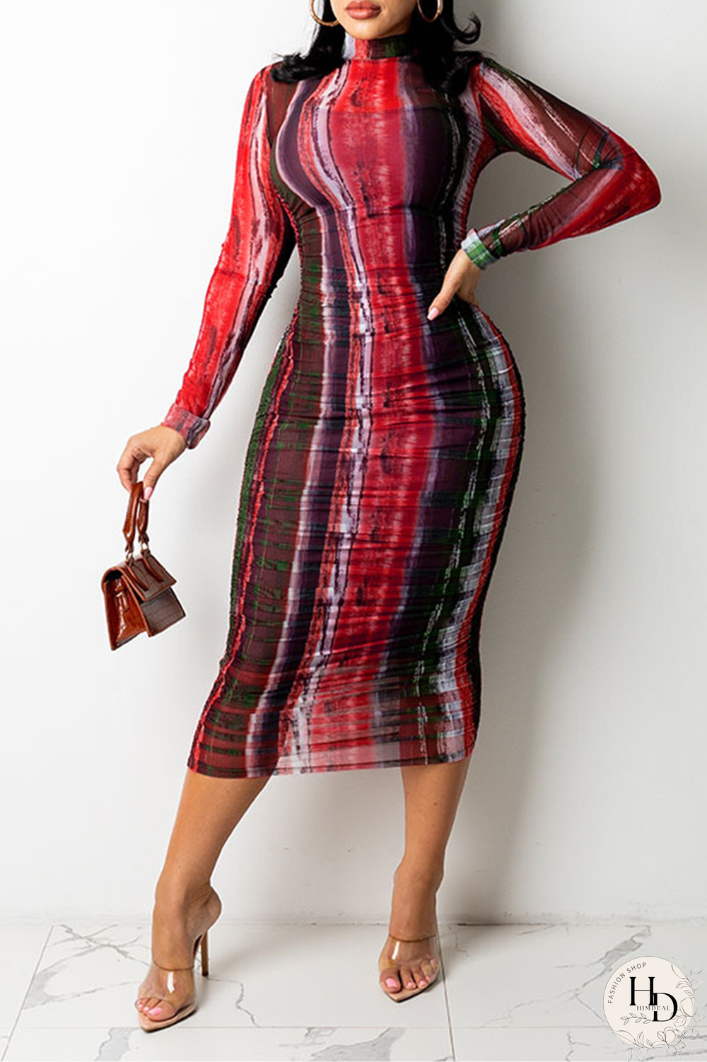 Red Sexy Print Split Joint O Neck Pencil Skirt Dresses